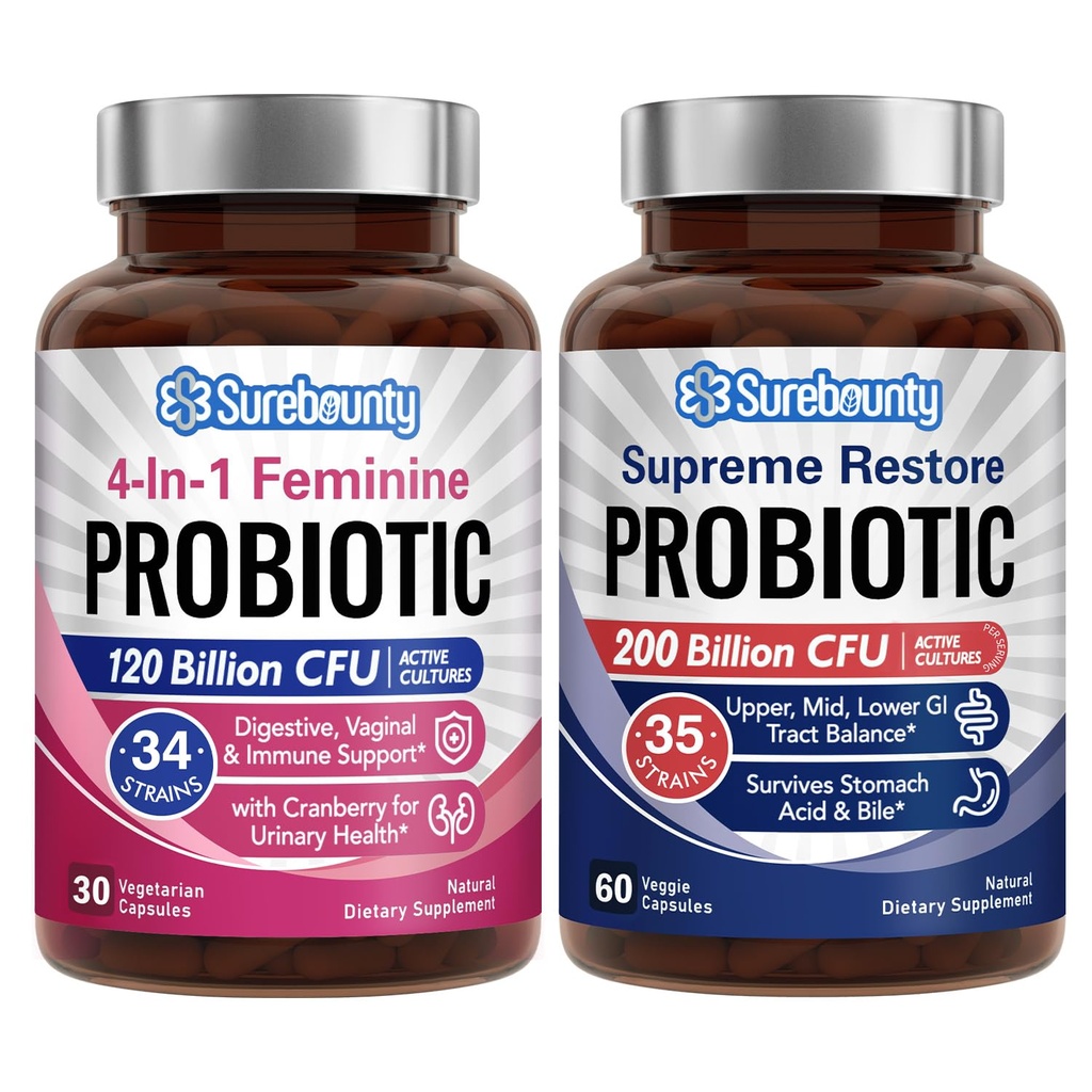Probiotic Bundle, 4-in-1 女性 Probiotic(30ct)和最高还原 Probiotic(60ct), 2 packs, Cranberry 阴道支持, GI Tract 平衡, Vegan, 非 Dairy