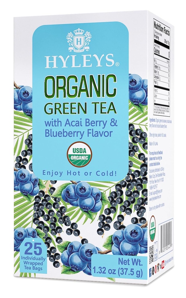 Hyleys 有机绿色茶叶 Acai Berry和蓝莓Flavor - 25个茶袋 - (6个包 - 150个茶袋)