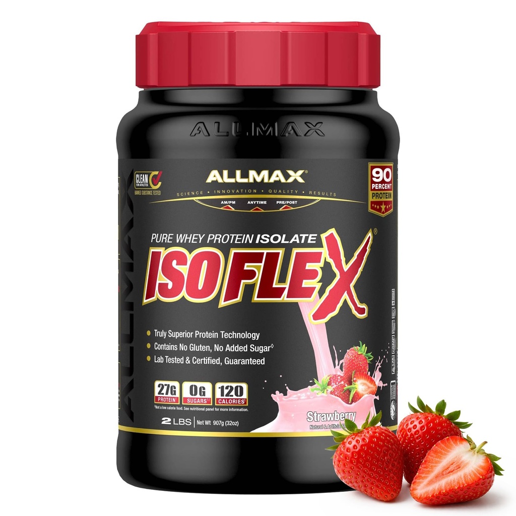 ALLMAX 营养 ISOFLEX Whey 蛋白质隔离剂 草莓 - 2磅 - 27克蛋白质 Per Scoop - 零脂肪和糖 - 99% 无乳糖 - Gluten Free & Soy - 大约30种服务