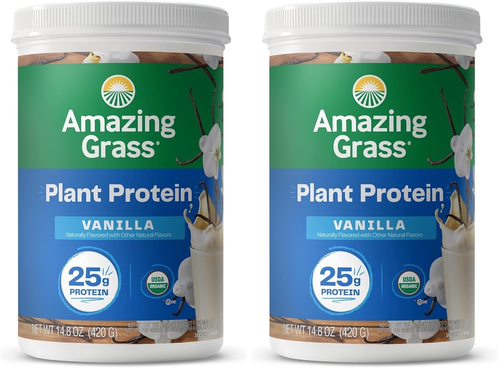 Amazing Grass Vegan Protein Powder, Plant Based Organic Blend with 25g of Protein, Dairy, Gluten & Soy Free - Creamy Vanilla (10 Servings) (Pack of 2)