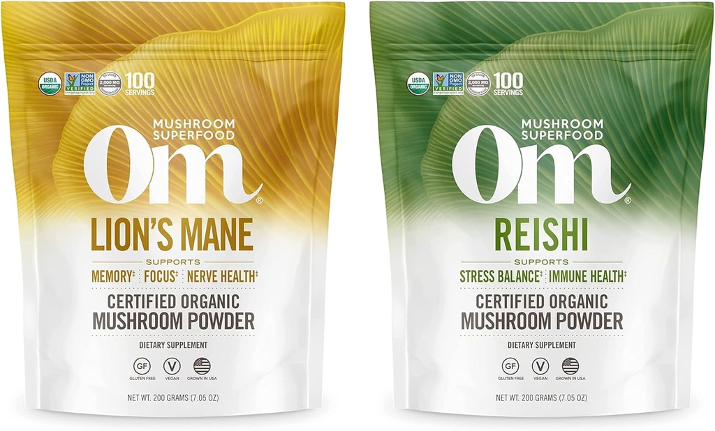 OM MUSHROOM SUPERFOODOY 7.05oz Bundle,狮子马恩和雷希有机蘑菇粉,200种服务