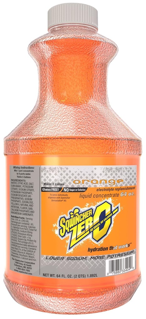 Sqwincher Zero液体集中 橙色火焰 糖自由 低卡路里 低钠 电解液补充 水分 饮料 混合 5 Gallons of Beverage QQ 64 oz (Pack of 6)