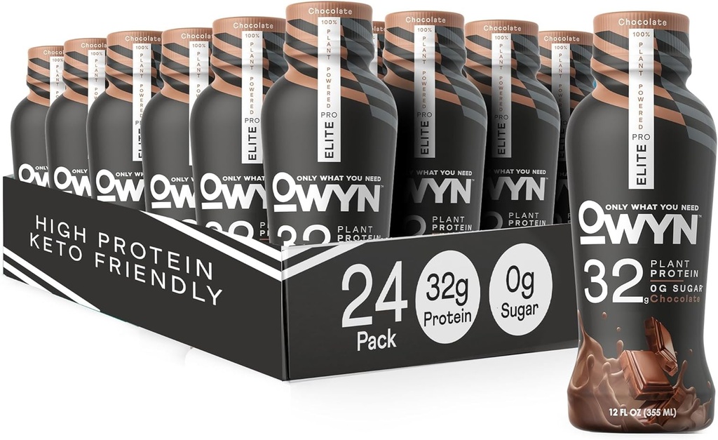 OWYN 只有你需要的 Pro Elite Vegan 高蛋白 Keto Shake, 32g 蛋白质, 9 氨基酸, Omega-3, Prebiotics, 工作与恢复, 0g Net Carbs, 零糖(Chocolate, 12 Fl Oz(24包))