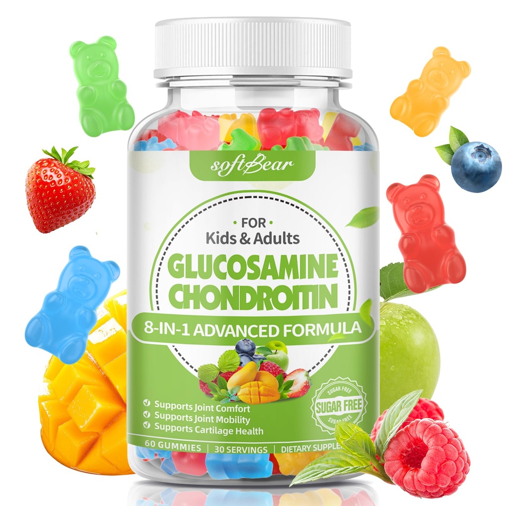 软熊Glucosamine Chondroitin Gummys 成人、无糖Chondroitin和Glucosamine 联合支助营养补充、混合水果火焰,60个