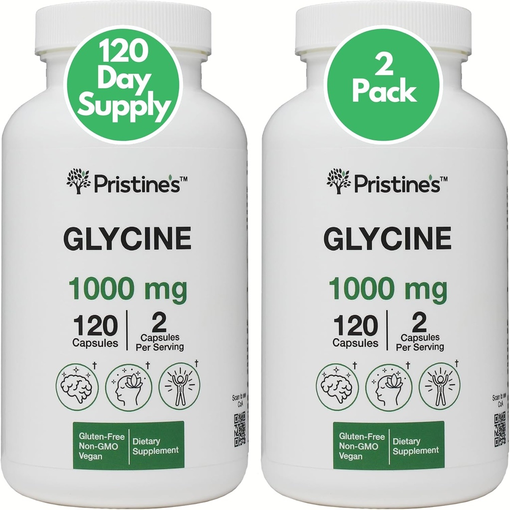 PRISTINE的Glycine(2Pack)1000MG氨基酸睡眠支持补充Capsules - 120天供应 - 肌肉恢复,Collagen & Kidney支持补充 - Vegan, Non GMO, Gluten Free