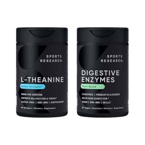 运动研究双强 L-Thenine 补充 Suntheanine Softgels 聚焦, 放松和警觉 椰油 60 计和消化酶 + Probiotics & Ginger Planet 基于90 计数