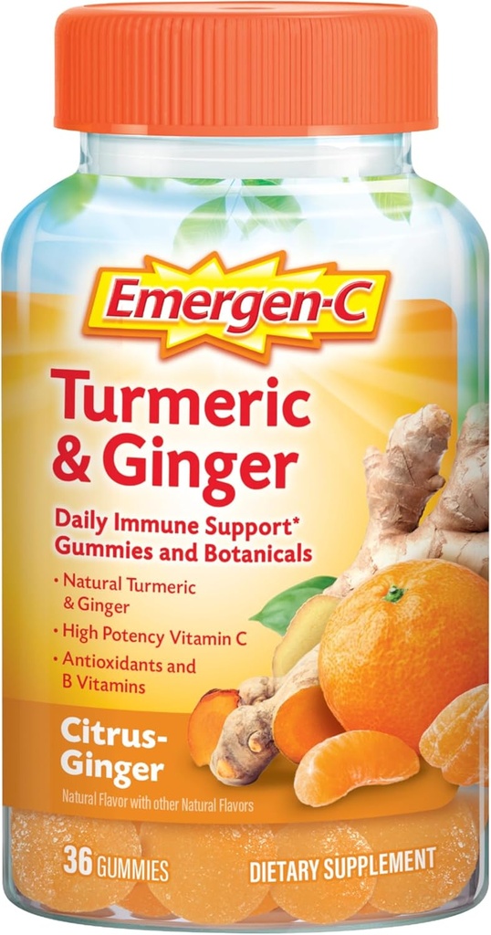 Emergen-C Citrus-Ginger Gummys, Turmeric and Ginger, Immune 支持具有高概率维生素C的自然火焰,回到学校基本知识——36个计数