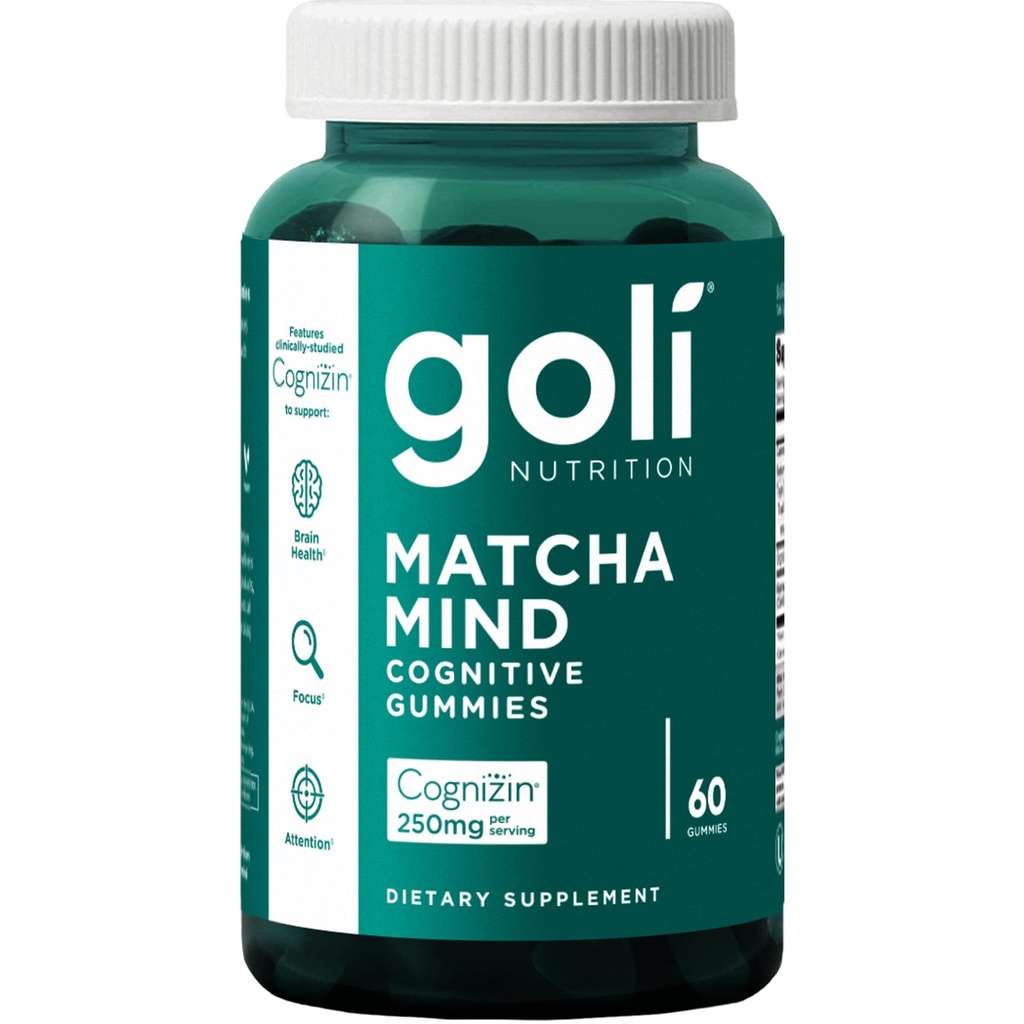 Goli Matcha Mind Gummys - 60 Counter - Green Tea leaves Powder with Cognizin for Focus, 关注和脑健康, Vegan, Non-GMO, Gluten-Free & Gelatin Free.