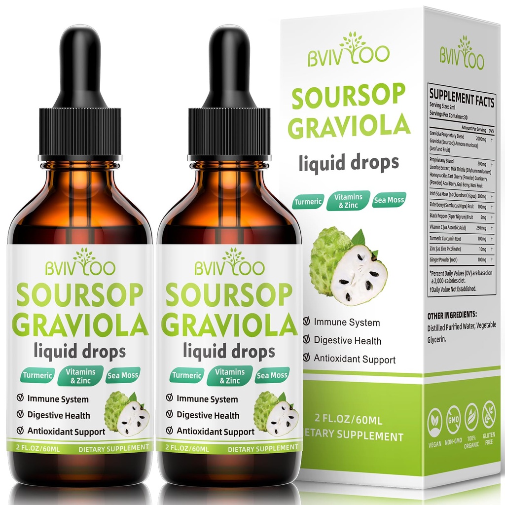 2 Pack Soursop Graviola 液体滴水 - 2000mg 纯 Soursop 提取器与 300mg 海 Moss & 100mg 长老莓 - 强大的细胞支持,抗氧化剂-Rich, Immune-Boosting - 4 Fl Oz (120ml) 瓶装