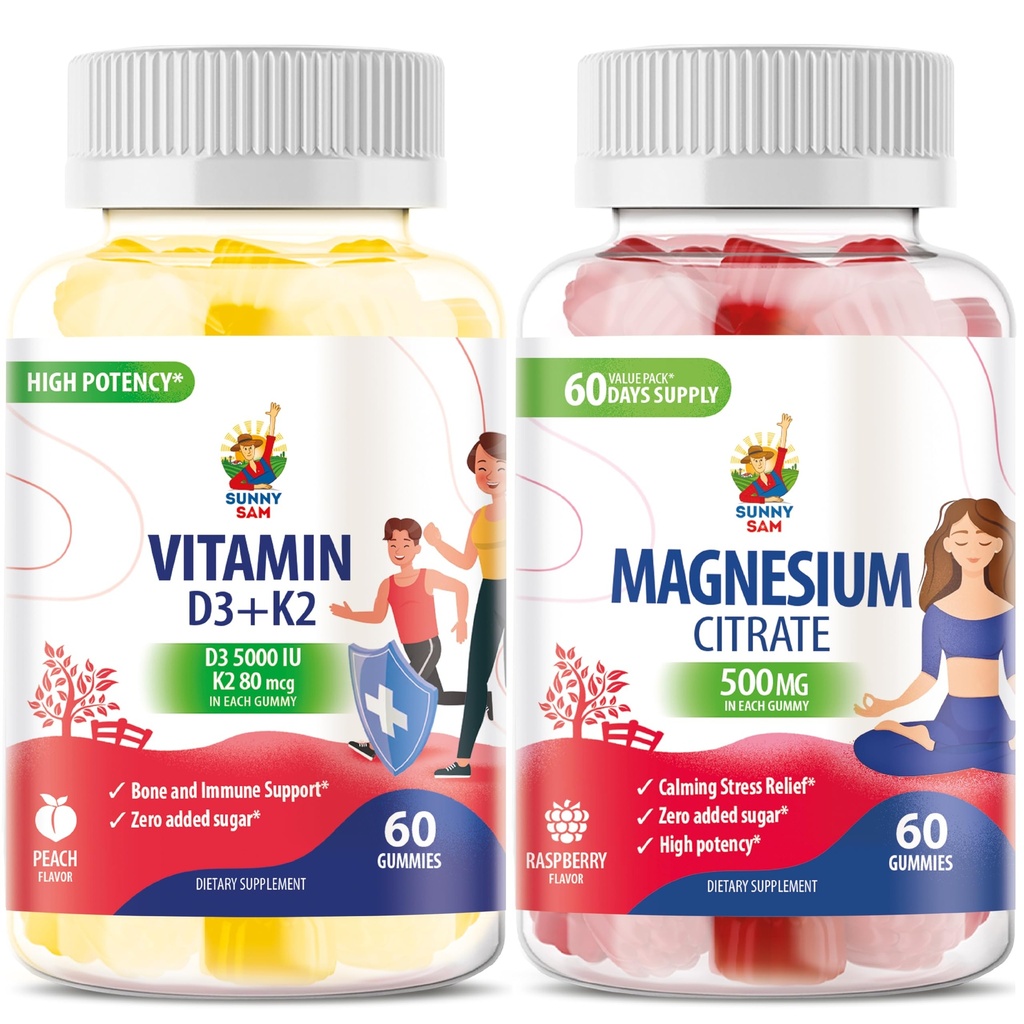 维生素D3 K2 Gummys 5000 IU - Immune & Bone Suppor & Magnesium Gummys for Kids & Altors - 500 mg