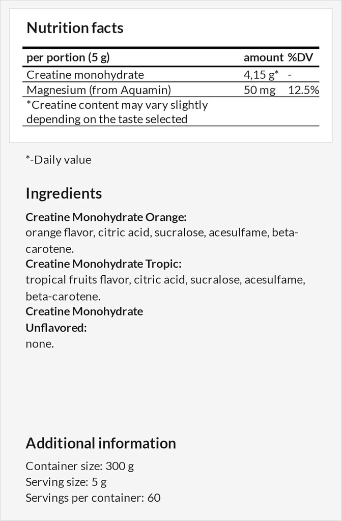 Creatine Powder 300g - Creatine Monohydrate 4150 mg 含镁/每包60名服务 - 用于高强度运动支持 - 西瓜味 - MZ