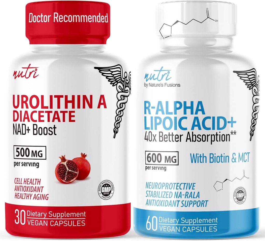 天然聚苯乙烯(Urolithin A Diacetate 500mg & R Alpha Lipoic Acid 600mg (60 Capsules)) - 抗氧化剂/能源包