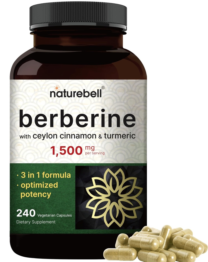 Berberine Supplement 1500mg 配1000mg 锡兰锡桂和300mg Turmeric, 240 Veggie Capsules 纯Berberine HCL → 支持平衡糖水平和心脏健康 → Vegan, Non-GMO