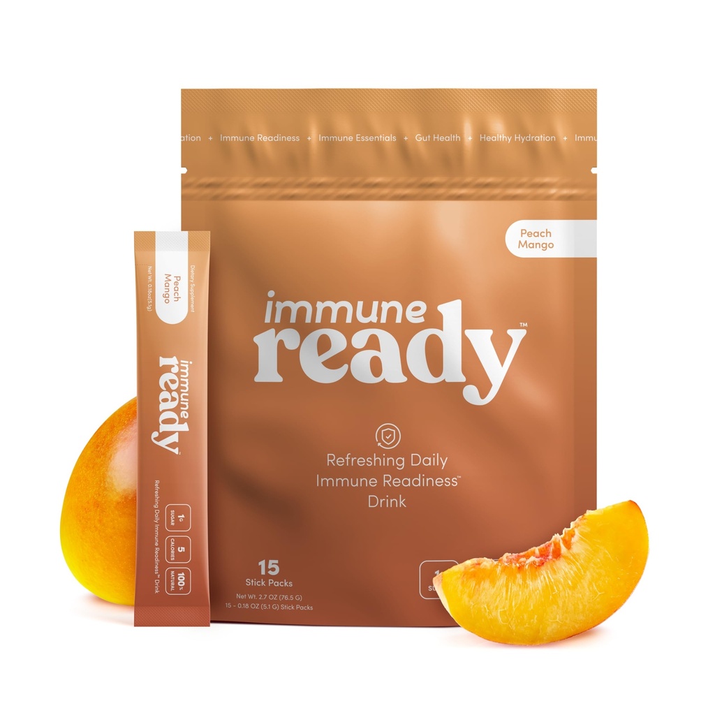 Immune ReadyTM 电解片粉盒 – 豁免靴饮料混合 维生素C,锌皮尔茨,胰岛素粉和β Glucan – 无糖桃-芒果, 15种服务