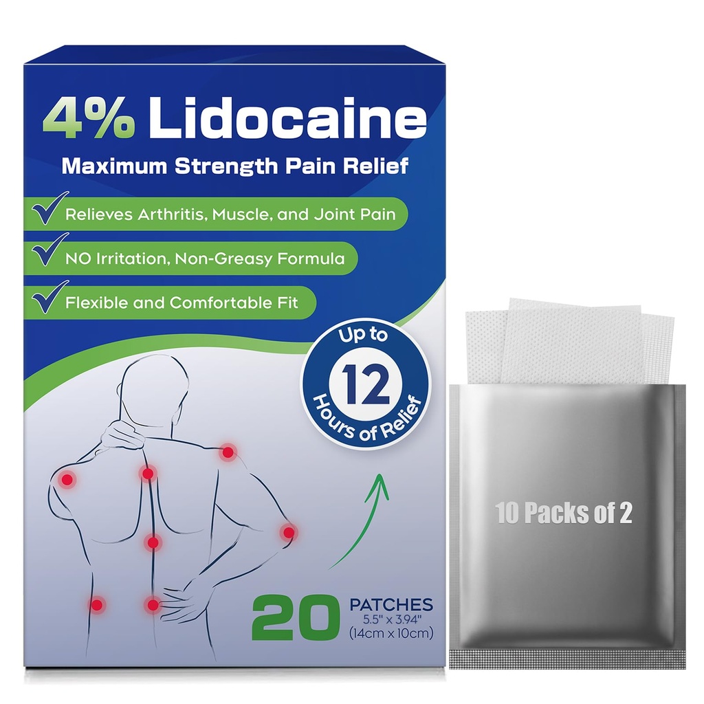 Uposiut 4% Lidocaine 补丁,20 个补丁 最大补丁(20个补丁),用于 " 颈部、肩部、背部、膝盖和安克斯的肌肉疼痛救济,12小时疼痛救济-012345