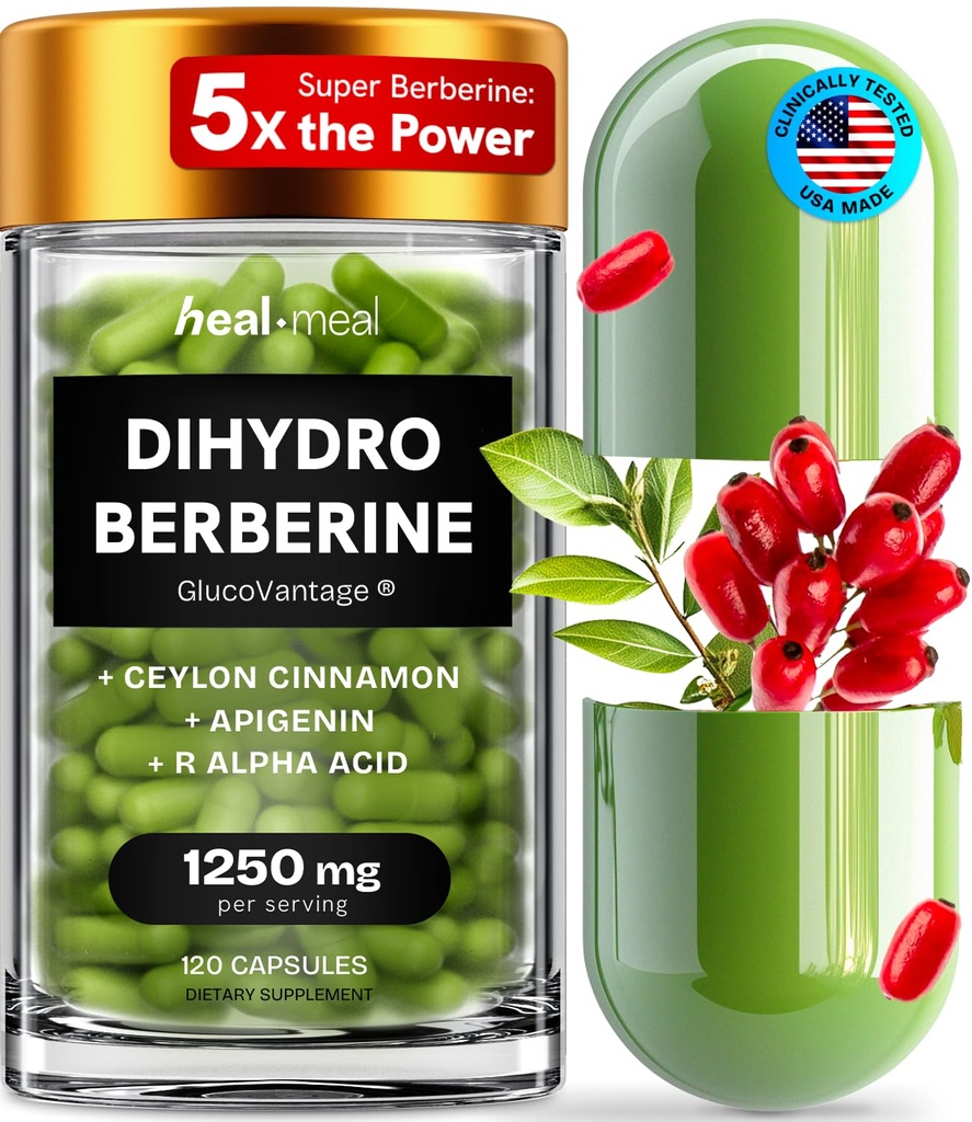 二氢硼宁补充剂 - Dehydro Berberine Organization - Super Berberine 补充剂 Ceylon Cinnamon & R Alpha Lipoic Acid & Apigenin - Hydroberine 120帽(1包)