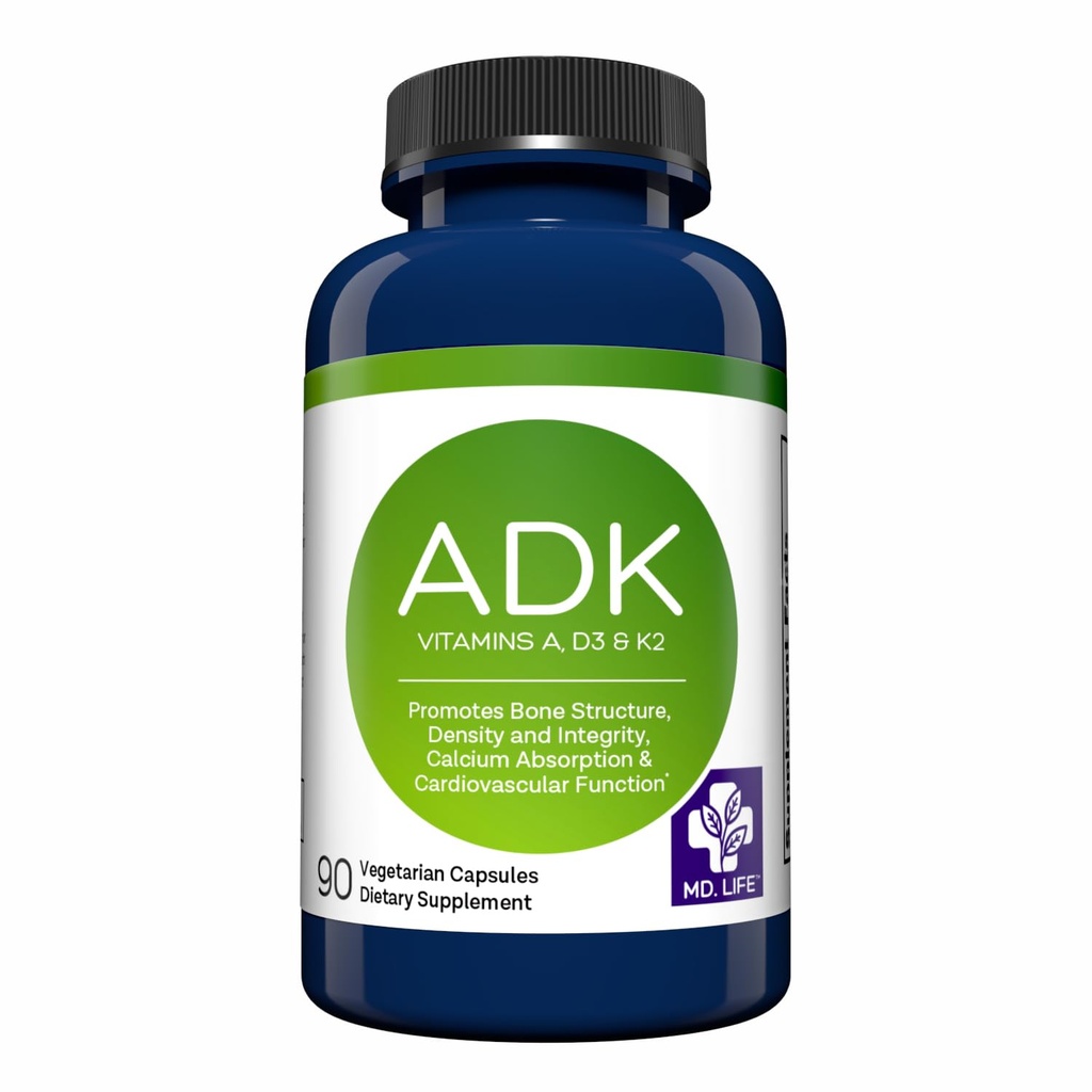 MD.LIFE ADK 维生素补充剂 — 维生素D3 K2和A Complex — 120 Capsules — 骨骼和心脏健康支助的高概率维生素ADK