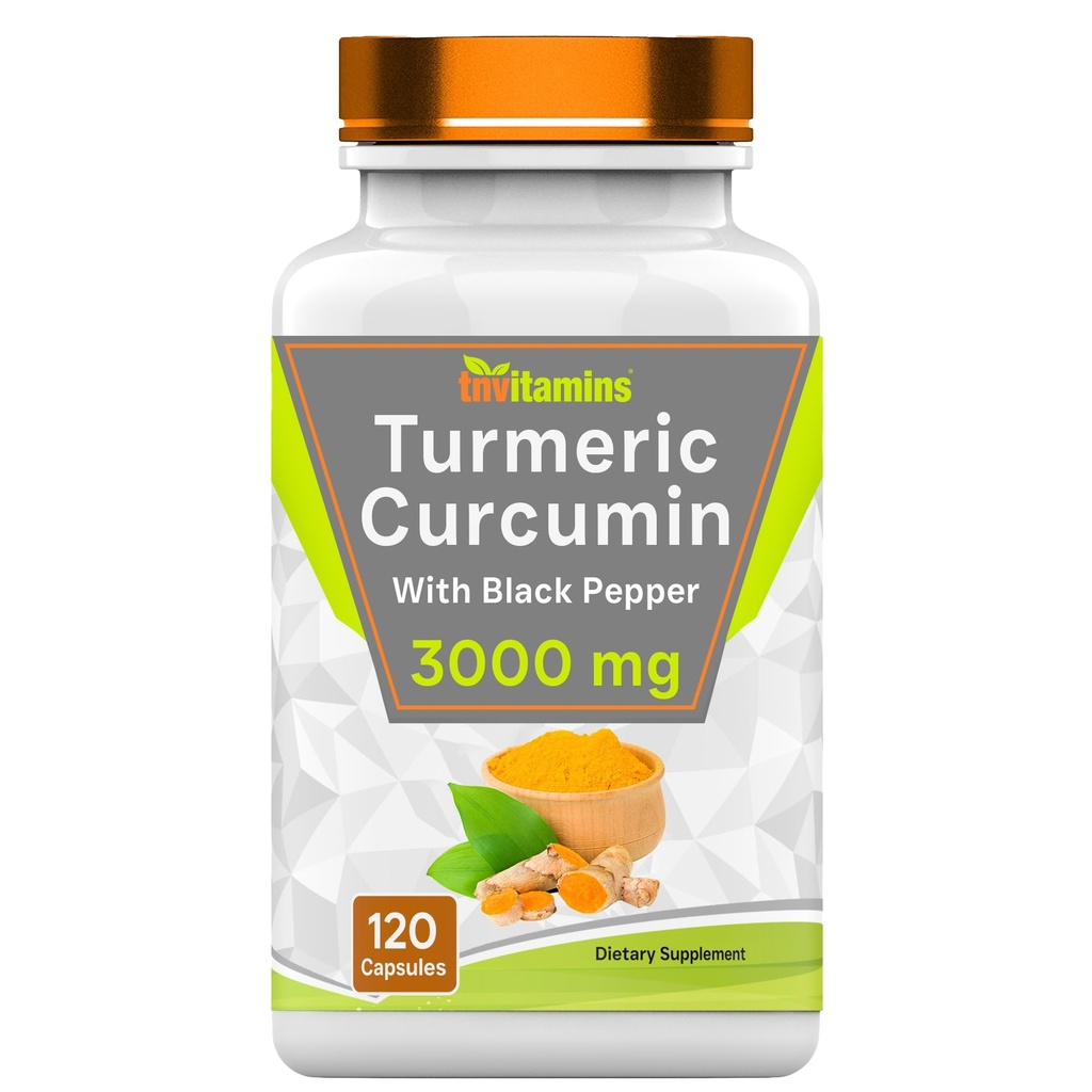Tnvitamins Turmeric Curcumin Capsules 配黑辣椒 → 3000 MG - 120 Capsules → 超强金色Turmeric Curcumin 补编 → 非GMO → 美国生产