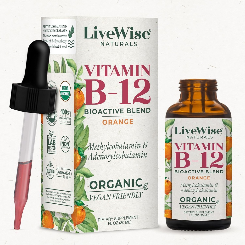 B12液体维生素亚语 – 全自然液体维生素维根 B12 滴水 – 非GMO Adenosylcobalamin Methylcobalamin B12 补充 – 推动你的免疫系统,代谢,能量和焦点!
