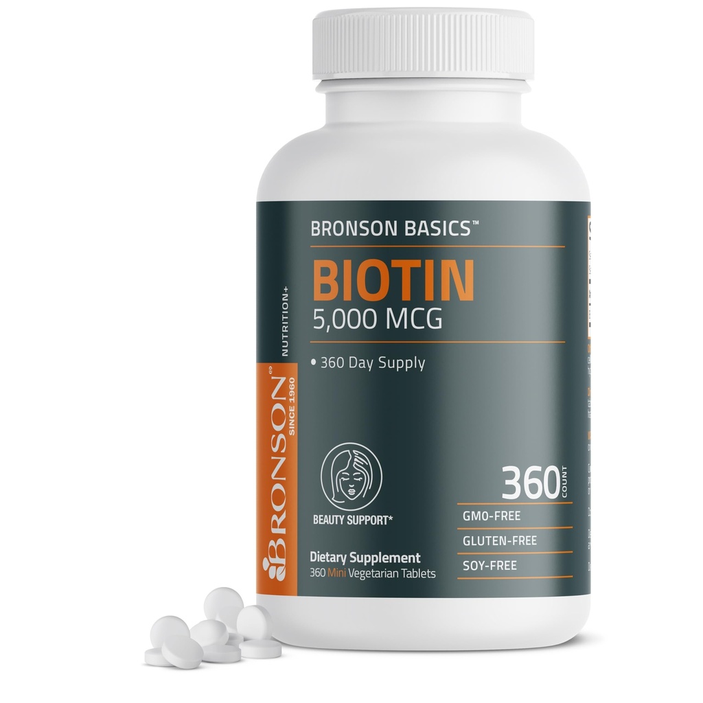 Bronson Biotin 5,000 MCG 支持健康头发,皮肤和钉子与能源生产 - 高概率美容支持 - 非 GMO, 360 蔬菜片