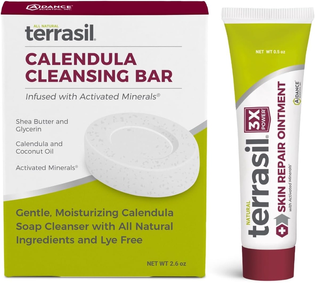 terrasil Skin Repair & Calendula Soap for Angular Cheilitis, Folliculitis, Impetigo, Lichen Sclerosis, Boils, Pitted Keratolysis, Soothing Relief & Supports Healing (.5oz Tube & soap bar)