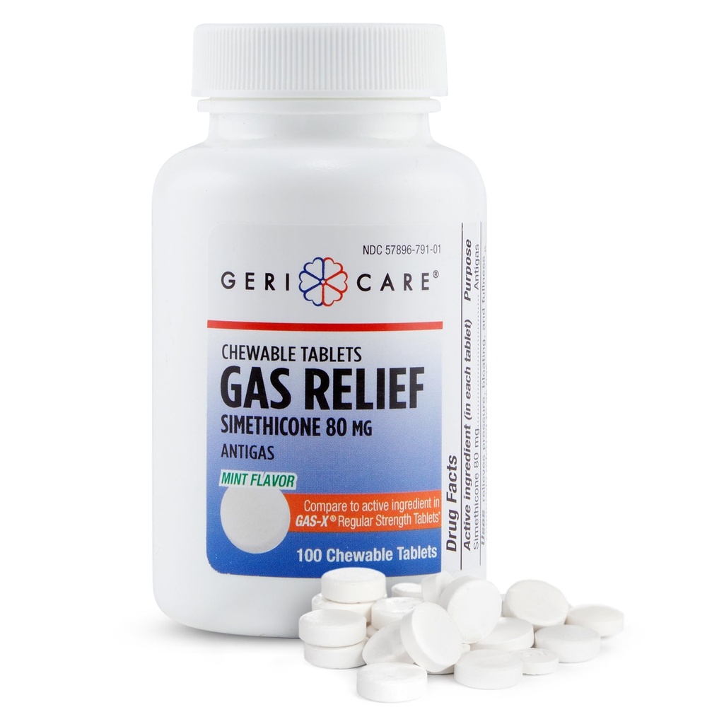 GeriCare Simethicone Chewable Gas-Relief Tablets 80mg – Gas, Bloating and discomfort – Mint - Flavored Anti-Gas Chewables – 口服成人燃气疼痛缓解 – 抗肥料援助(100片)