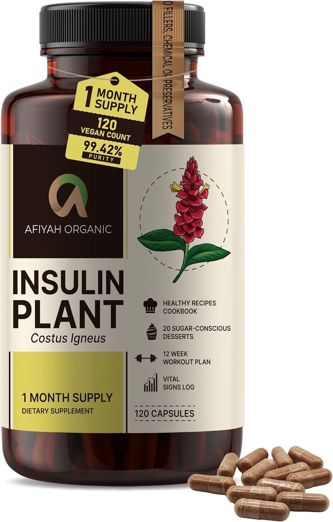 Premium Quality Costus Igneus (Insulin Plant) Capsules - 易吞 120 Veggie Capsules (1个月供应) - 在美国制造 - 包括完整的健康支助方案