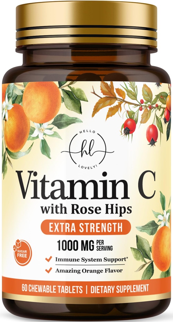 维生素C 补充1000mg - 配有玫瑰皮的外力 Bioflavoids - 无糖维生素C Chewable Pills, Nature's Vit C for Imune Support and Antioxidant Protection - 60 Chewwical 片