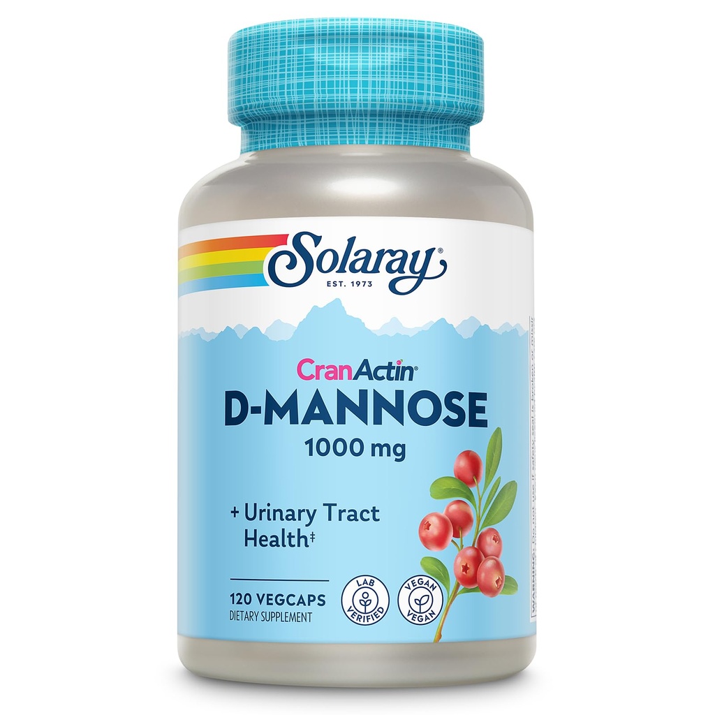 SOLARAY D-Mannose 1000 mg 配有 CranActin Cranberry 提取器 - D Mannose 和 Cranberry 配有维生素 C - 支持尿道切克健康 - Vegan, 60天保障