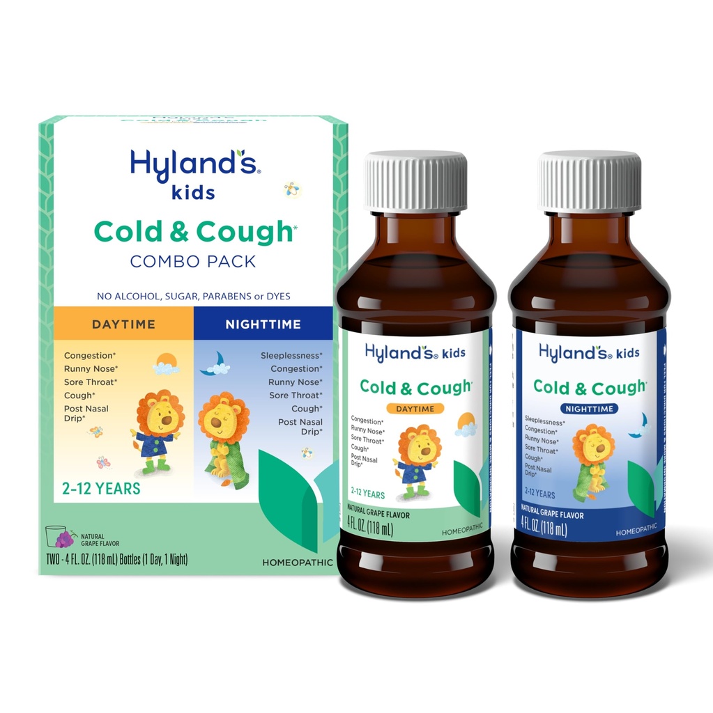 Hyland's Kids Cold and Cough, Day and Night Combo Pack, Cold Medicine for the ages 2 and up, Grape Flavor Syrup Cough Medicine for Kids, Nasal Decongestant, 4 Fl Oz (Pack of 2) (中文(中国大陆) ).