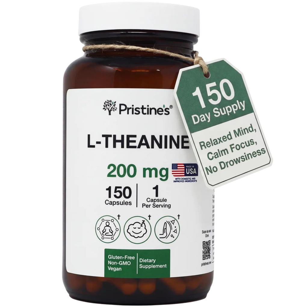PRISTINE的L Theanine睡眠质量支持氨基酸补充剂 - 200MG 150天供应 - 放松和Mood支持 Capsules - Vegan Non-GMO & Gluten Free