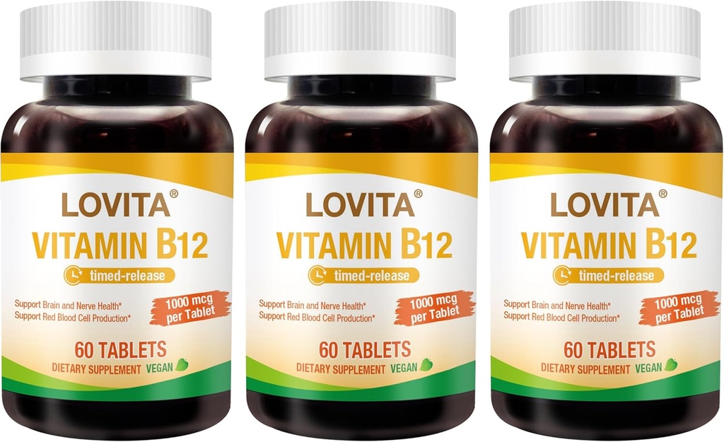 洛维塔维生素B12 1000 mcg(B12 维生素作为Cyanocobalamin),定时发布B12,维冈友好,支持神经系统,60 蔬菜片(2个月供应)(3包)