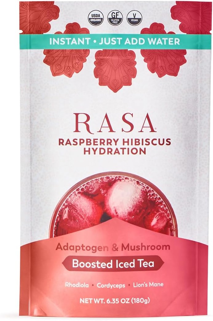 Rasa Raspberry Hibiscus Hybuscus Hybusion 有机助泡冰茶 配有适配体和蘑菇 QQ 无胶水 高压电解质 粉末 饮料混合剂 刷新水分 (6 oz / 24 services)
