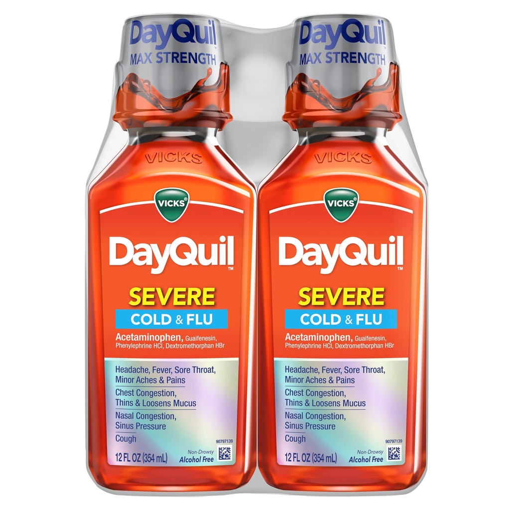Vicks DayQuil 严重冷和流感液体药品、头痛的日间缓解、发烧、喉咙、小痛和疼痛、胸腔摄入、鼻鼻、鼻腔摄入、阴道压力和咳嗽,2x12oz