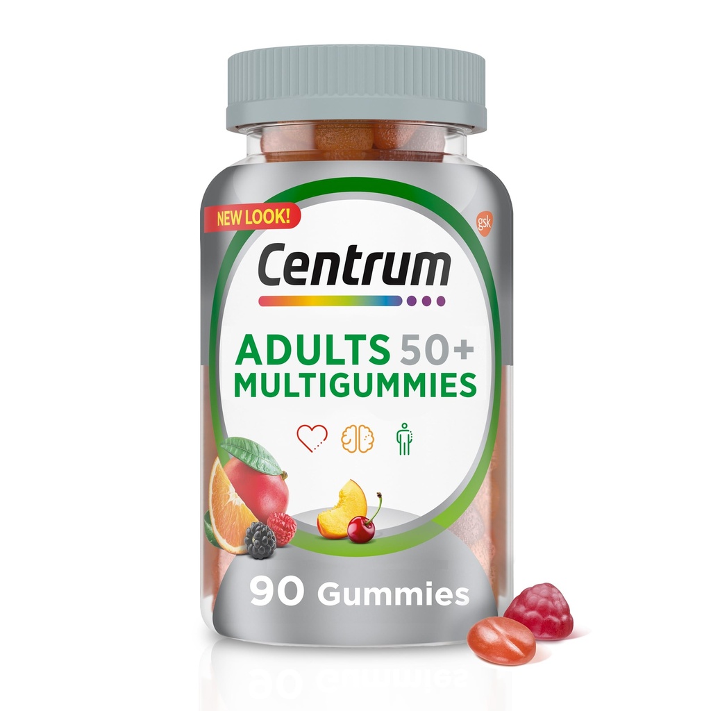 Centrum Multimies Gummy Multivitamin for 成人50 Plus,多维塔明/多米纳明 配有钙,锌和维生素B和D,各种水果火焰 - 90 Counter