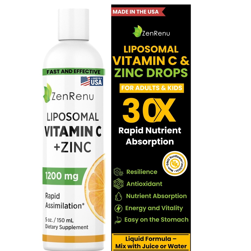 Zenrenu Liposomal 维生素C和用于成人和儿童的锌液饮料 -- -- 非转基因生物 葵花莱辛 -- -- Max抗氧化剂和免疫支持,5 oz / 150毫升