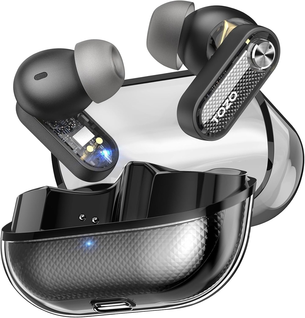 TOZO 水晶波兹混合活动噪声 取消无线耳机 10mm驱动器 深巴斯立体声 4 Mics Smart ENC AI Calls, 32 EQ通过App,蓝牙 5.4 耳机、晶体箱设计