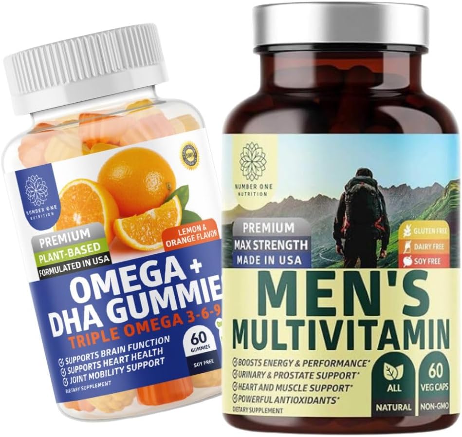 1号营养 N1N 男性多维素日报[维生素A C E D, 镁, 锌]和Omega 3 6 9 + DHA Gummys [Vegan, Plan-base], 2 Pack Bundle]