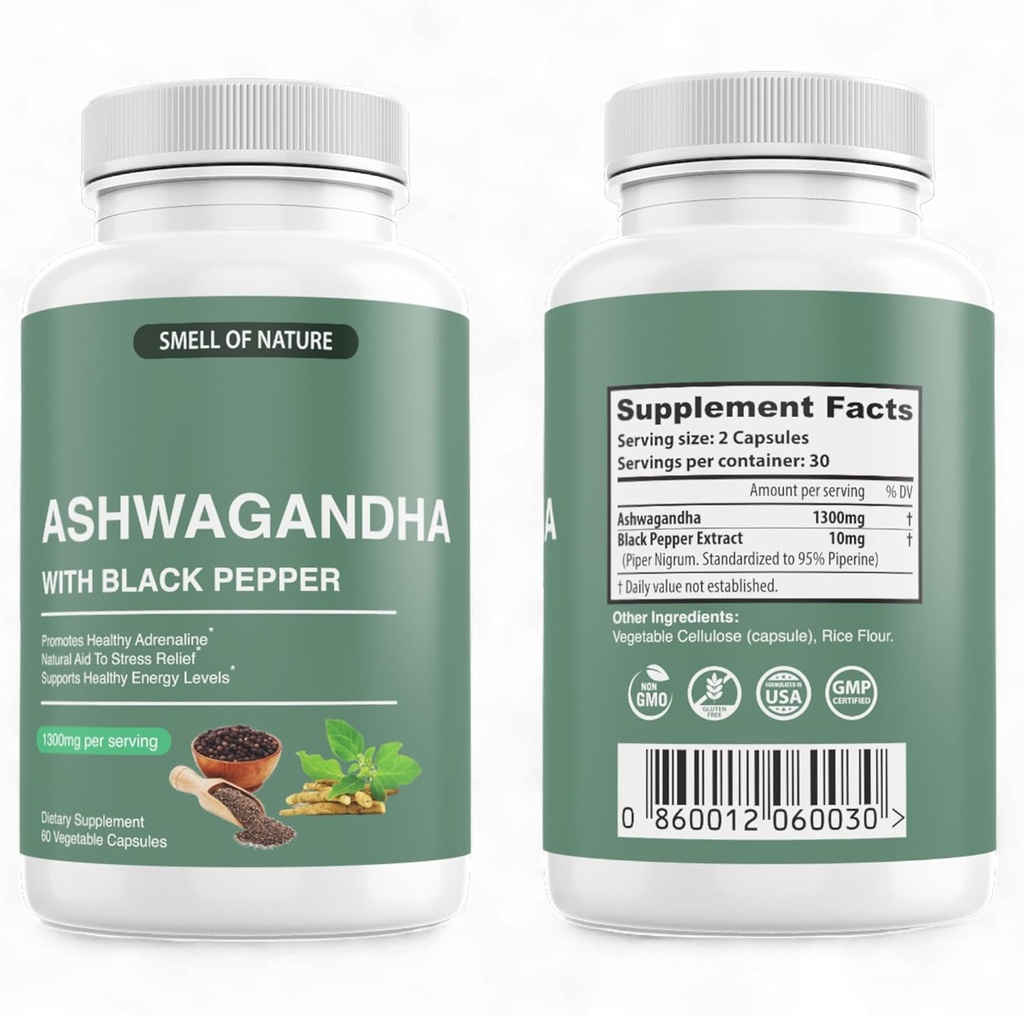 自然气味有机 Ashwagandha 配有黑椒抽取 - 1300mg Pure Ashwagandha 抽取 - 能源支持 - 非GMO, Gluten-free, Vegan - 60 Capsules