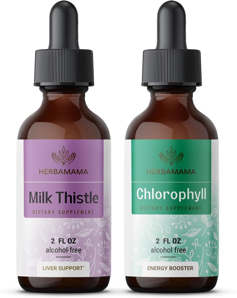 HERBAMAMA 草药液滴 Kit - 牛奶硝酸盐包 提取 2 fl oz 和 液态氯化phy 2 fl oz - 维冈 补充液剂提取 - 非转基因、糖和无酒精 - 2 包
