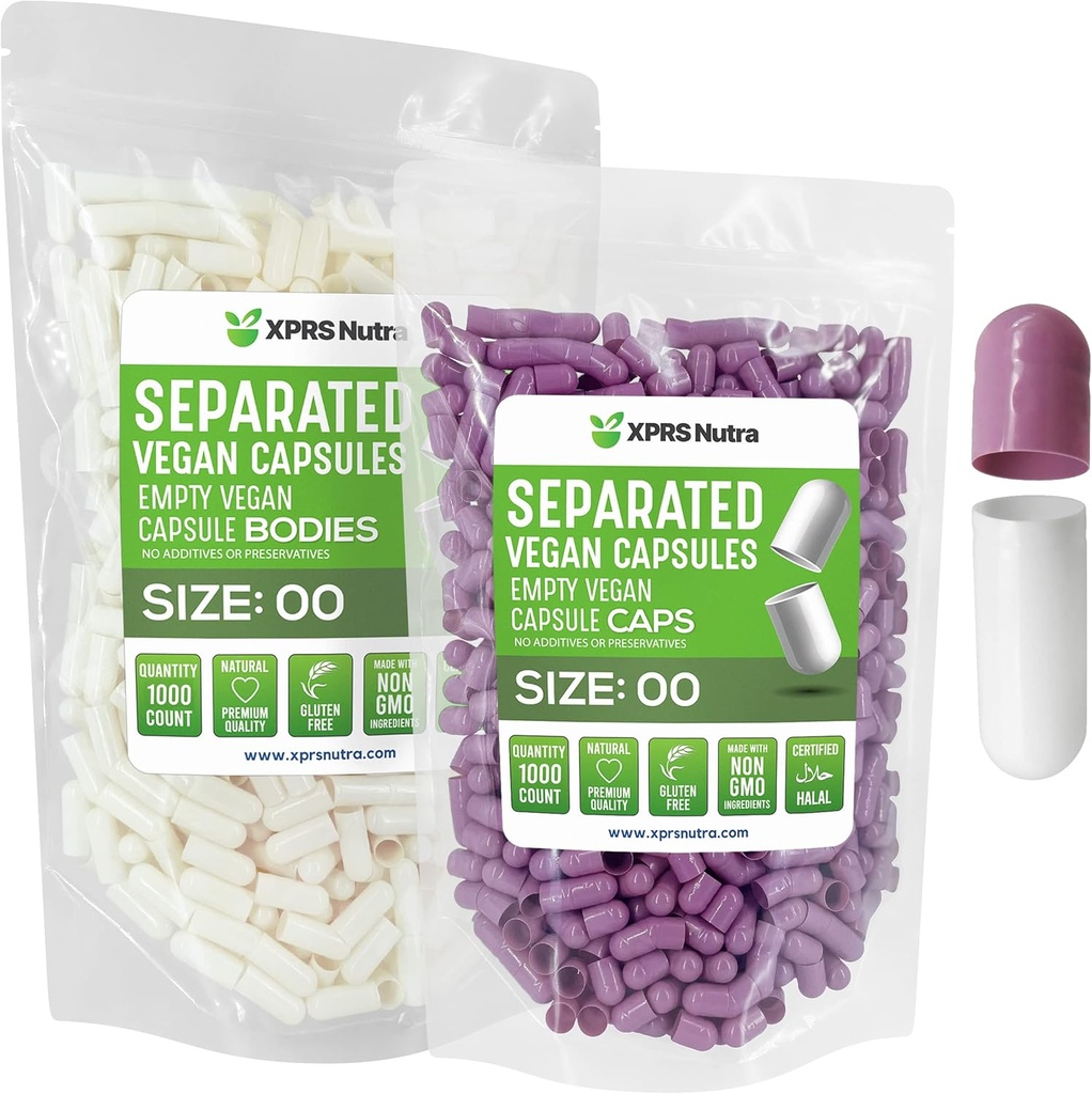 XPRS Nutra Vegan 大小 00 分离的卡普勒斯 - 1000 计数 Premium 空卡普勒斯 分离在 Bags - 00 空卡普勒斯 用于 DIY 补充填充( Lavender/ White)