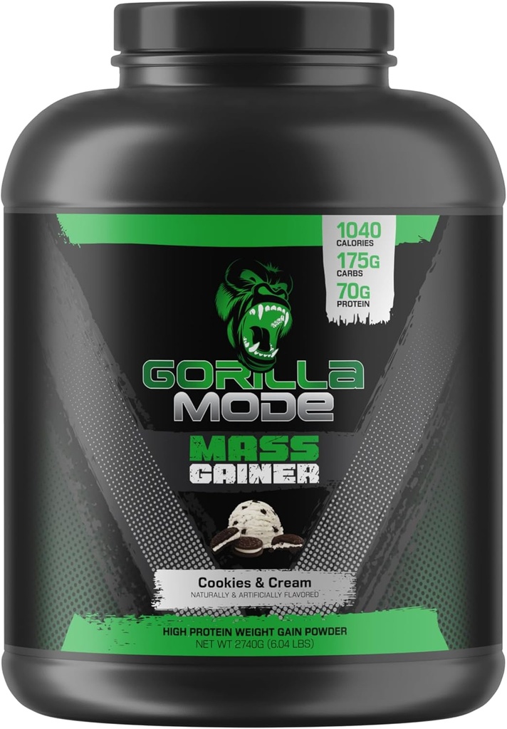Gorilla Mind Mass Gainer (Cookies & Cream) – 70g 蛋白质 → 1040卡路里 → 175g 碳化物 → 高蛋白质重量 增量粉