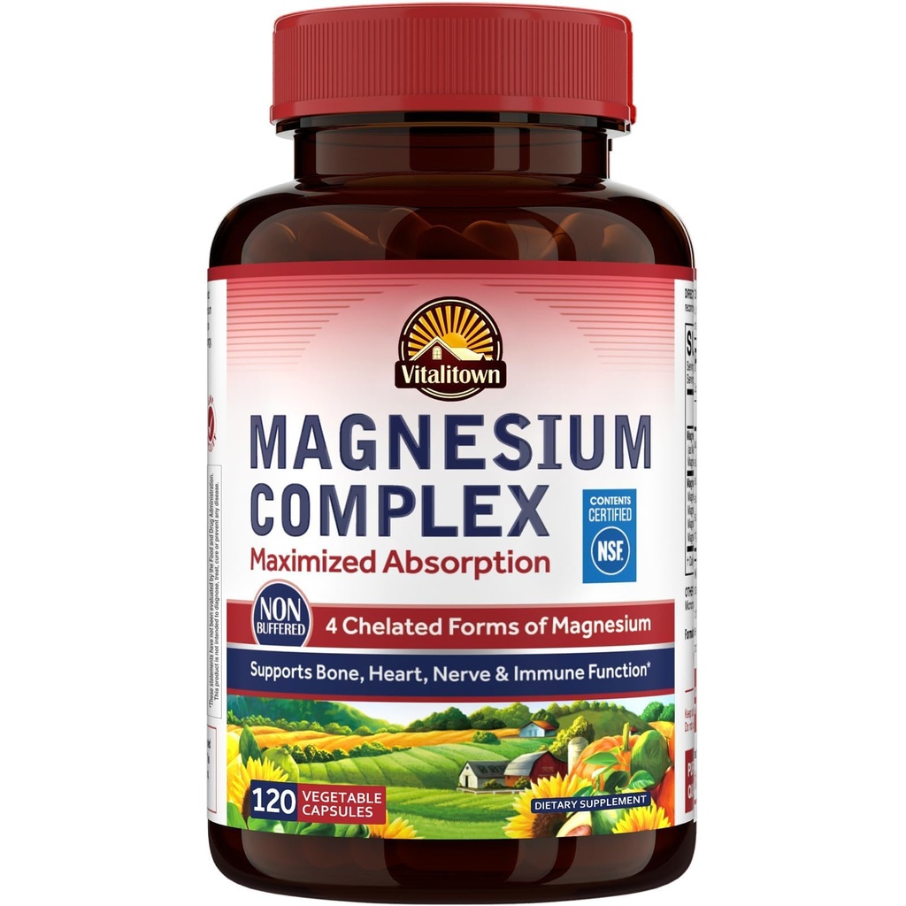 Vitalitown Magnesium Complex 500 mg - NSF 认证的甘化镁、马来特、陶拉特和基特拉特 - 胃上的Chelated 高吸收和热度 - Vegan Non-GMO 120 Capsules
