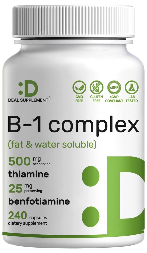 DEL 添加维生素B1 500mg 与 Benfotiamine, 240 Capsules – 2 in 1 增强公式 – Fat & Water Soluble Thiamine B1 补编 – 第三方测试,非GMO, No Gluten