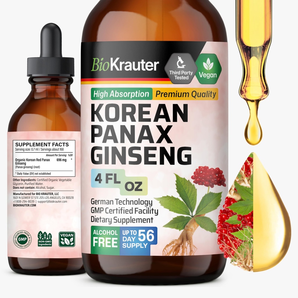 BIO KRAUTER 韩国红金森提取液 - 酒精和糖自由Panax Ginseng 补编 - Vegan Immune支持补编 - 4 Fl. Oz.