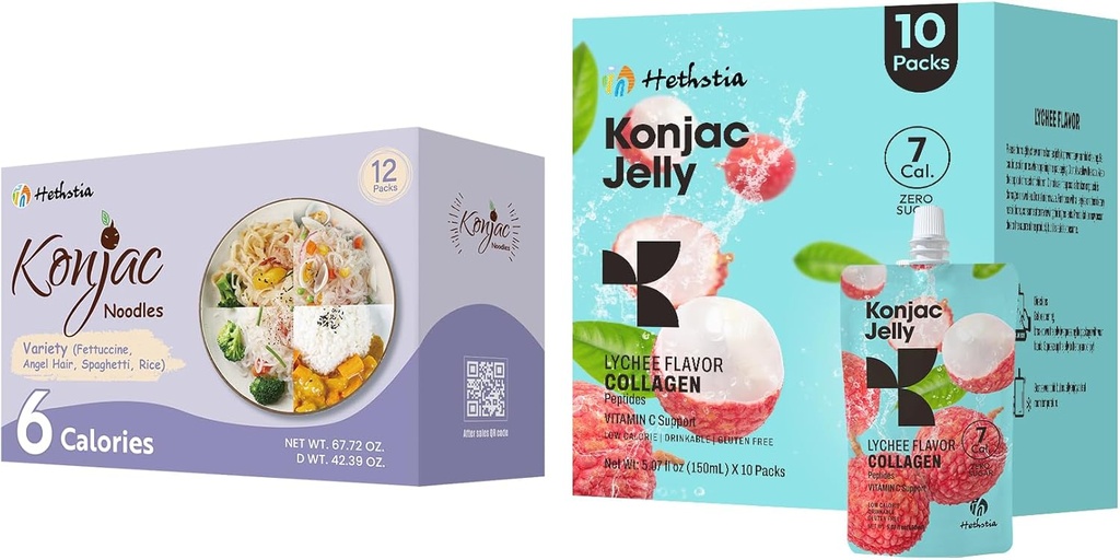 Hethstia Konjac Jelly Lychee Flavor 配有 Collagen Peptides 10 Packs 和 Konjac 面条 Varige Gluten 自由 12 Packs 低卡路里, Keto, 无糖,健康食品
