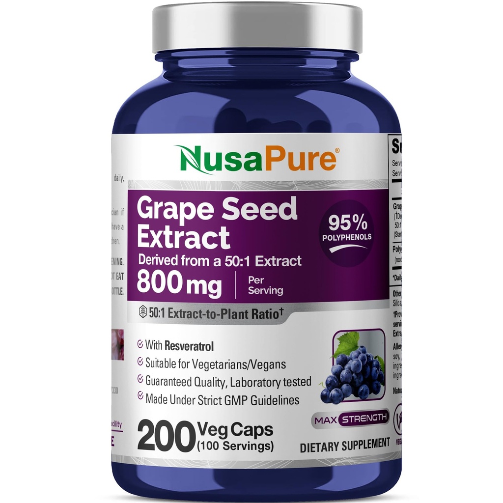 NusaPure Grape 种子提取物 每瓶40,000毫克,200 Vegan Capsules,标准化,非GMO,Gluten Free,Resveratrol