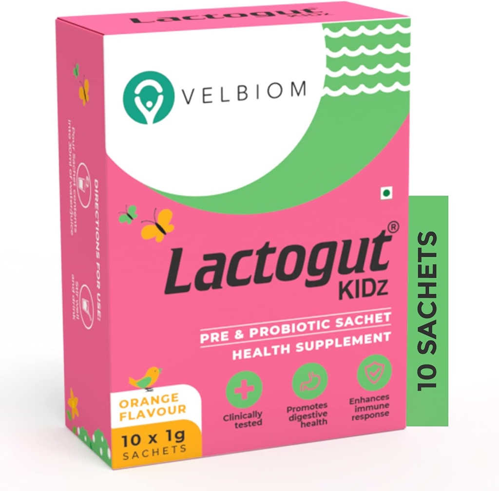Lactogut Kidz 儿童易为儿童获得营养素的药粉 健康、总体健康和Vegan 临床证明的豁免 - 1Gx10 Sachets (Orange Flavour)