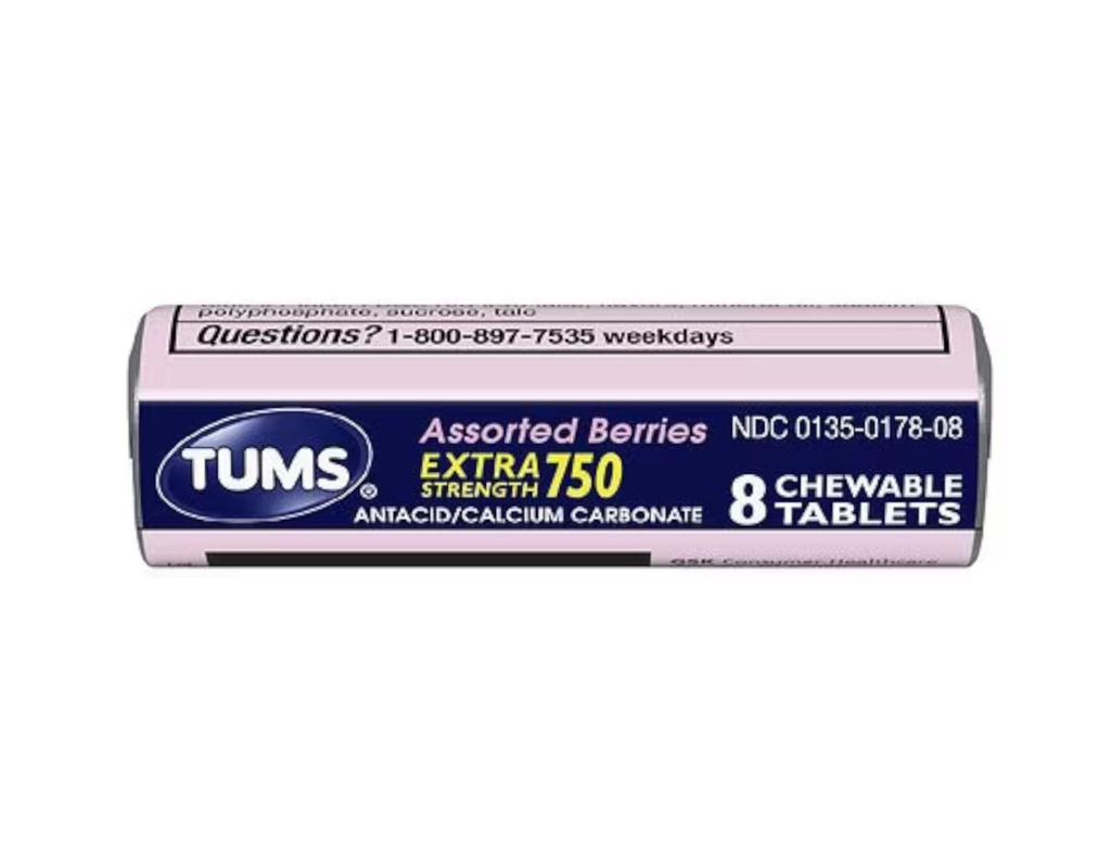 Tums Extra strong 750 Antacid with Calcium Supplement Calcium 富含各种贝里士粉碎- 24 Pocket 大小卷,每卷8块可切片(共计192块可切片)