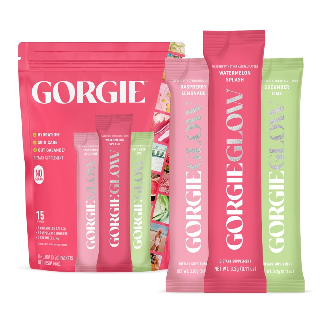 GORGIE Glow Varige Pack 15 棒,电解质粉 健康饮用混合剂,w/Hyaluronic酸,Aquamin,维生素C和D,Probiotics,无糖,抗氧化剂用于水分,皮肤护理,以及Gut平衡